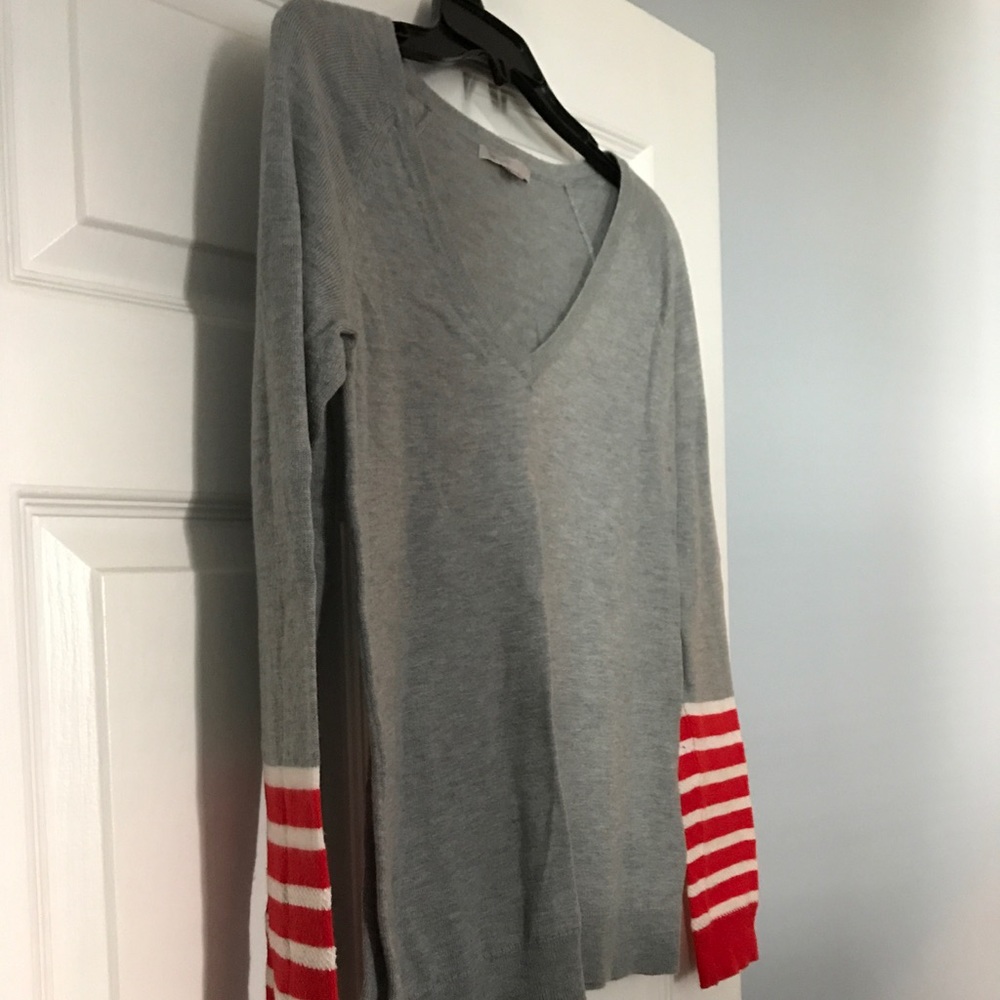 GAP Grey Sweater w/ Orange & White Striped Sleeves